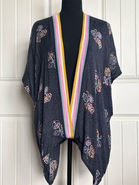 LOFT Black Floral Open-Front Tunic with Striped Trim